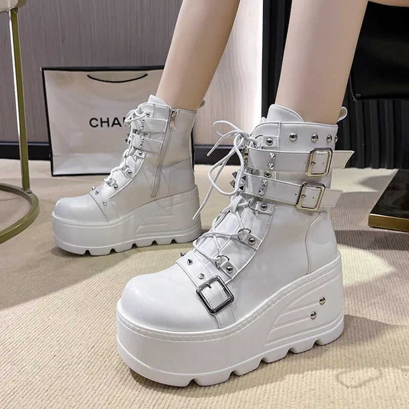 New Punk Women's Boots Wedges Ladies Shoes Patent Leather Boot Rivets Cosplay Ankle Boots Zip Ladies Gothic Motorcycle Boot
