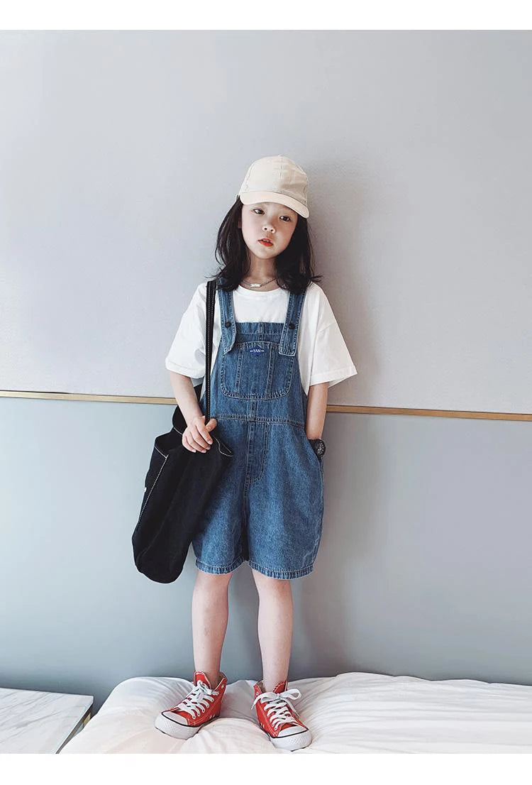 Girls' Fashionable Denim Overalls Medium Big Children's Casual Loose Denim Shorts Korean Style Baby Girl's Denim Overalls Shorts