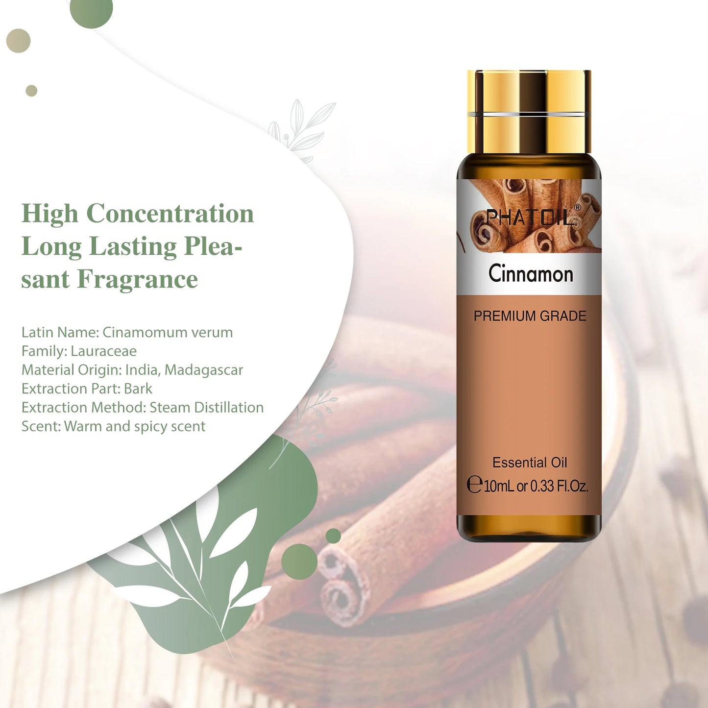 PHATOIL 10ml Cinnamon Essential Oils Pure Natural for Diffuser Massage Spa Aromatherapy DIY Candles Soap Making