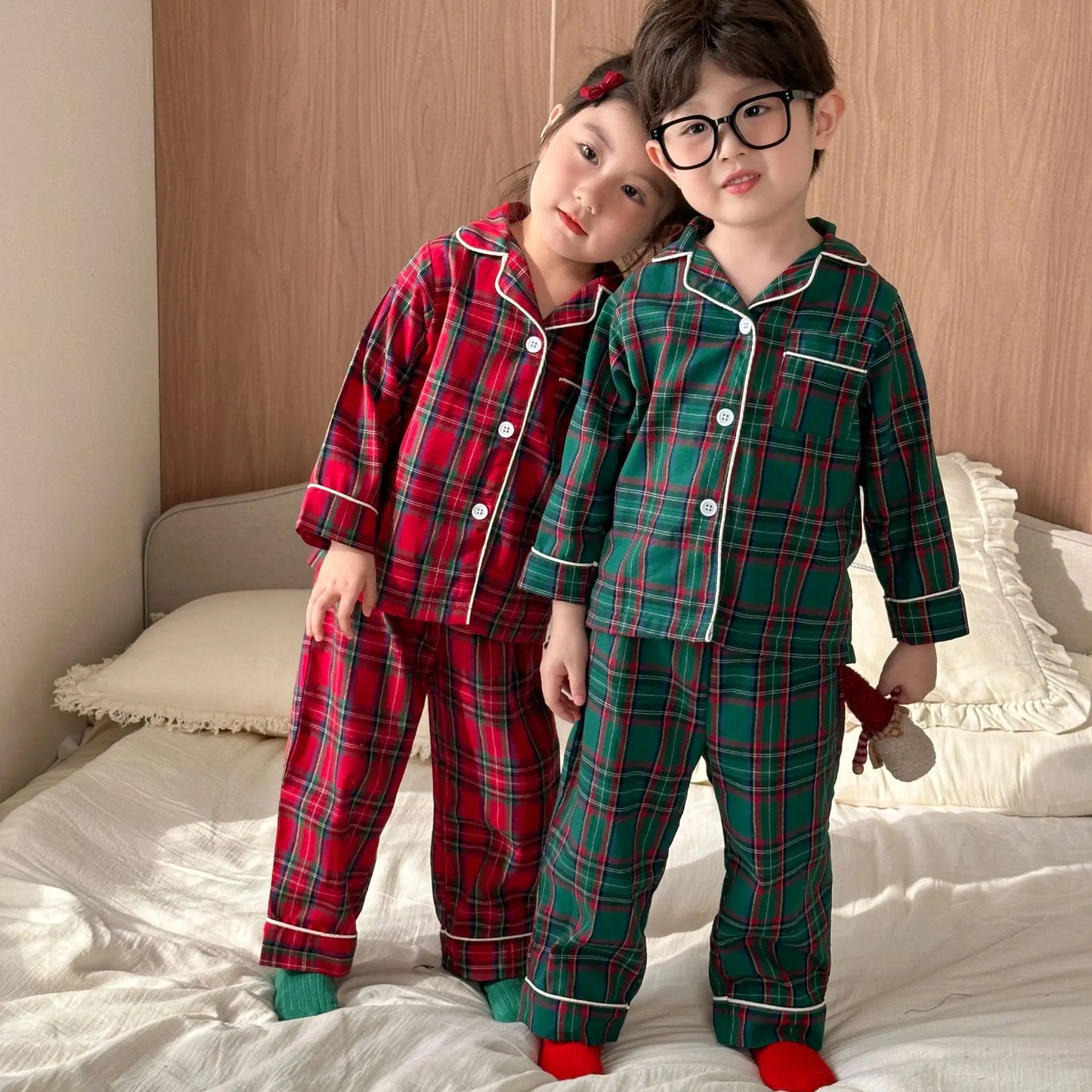 2025 New Christmas Children's Pajama Sets Plaid Print Clothing Set Button Full Sleeve 2 Pcs Suit Homewear Thin Pyjamas Xmas Look