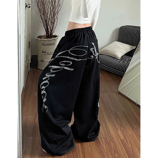 2026 Spring Women Black Gothic Baggy Y2k Letter Pants Aesthetic 2000s Vintage Oversize Hip-pop Sweatpants Wide Leg Trousers