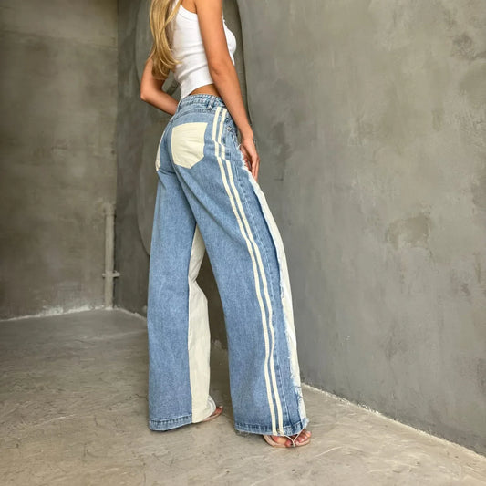 Jeans Women Denim Wide Leg Pants Stripe Trousers Contrast Color Low Waist Washed Pockets 2026 Streetwear Denims Floor Length