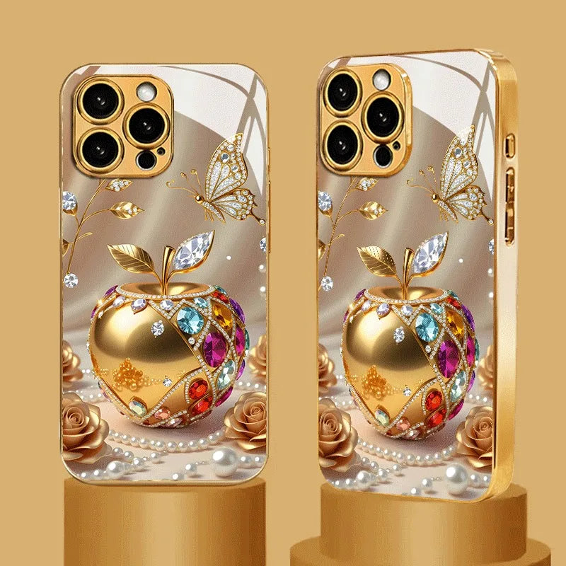 Luxury Golden For Apple Pattern Metallic Paint Glass Phone Case For iPhone 17 16 15 14 13 12 11 Pro Max 16 Plus 17 Air 16E Cover