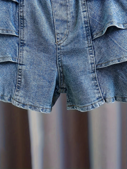 Girls Summer Pleated Frill Denim Shorts Fashionable Lightweight Beach Seaside Holiday Wear for Kids.Full elastic waistband