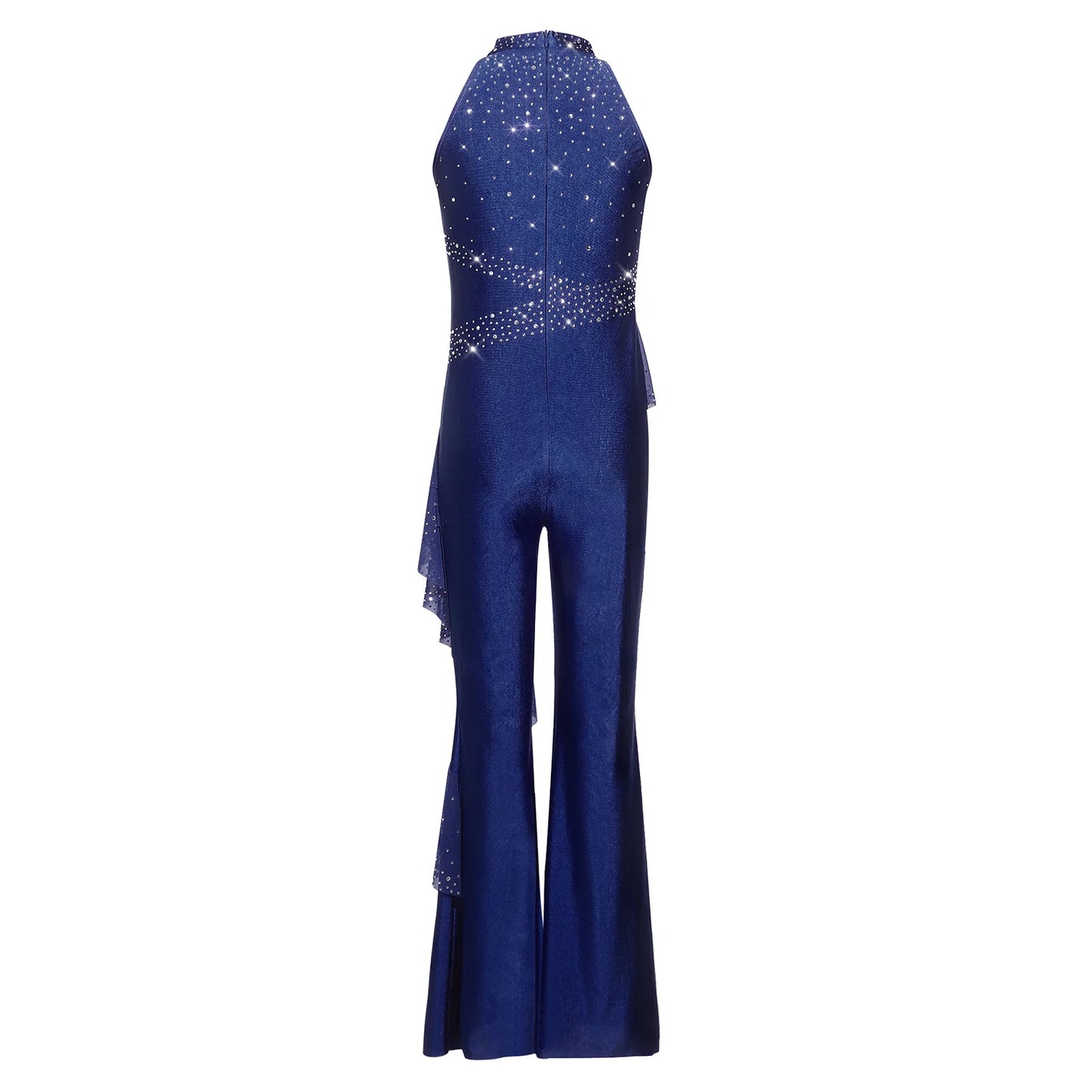 Kids Girls Figure Skating Jumpsuit Ballet Gymnastics Acrobatics Dance Leotard Sleeveless Shiny Rhinestones Ruffles Mesh Bodysuit