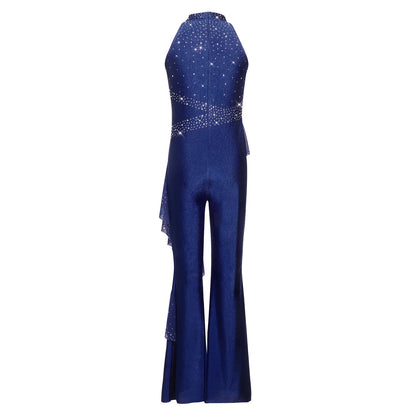 Kids Girls Figure Skating Jumpsuit Ballet Gymnastics Acrobatics Dance Leotard Sleeveless Shiny Rhinestones Ruffles Mesh Bodysuit