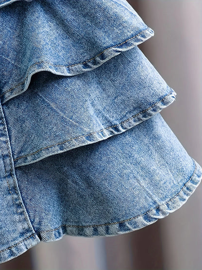 Girls Summer Pleated Frill Denim Shorts Fashionable Lightweight Beach Seaside Holiday Wear for Kids.Full elastic waistband