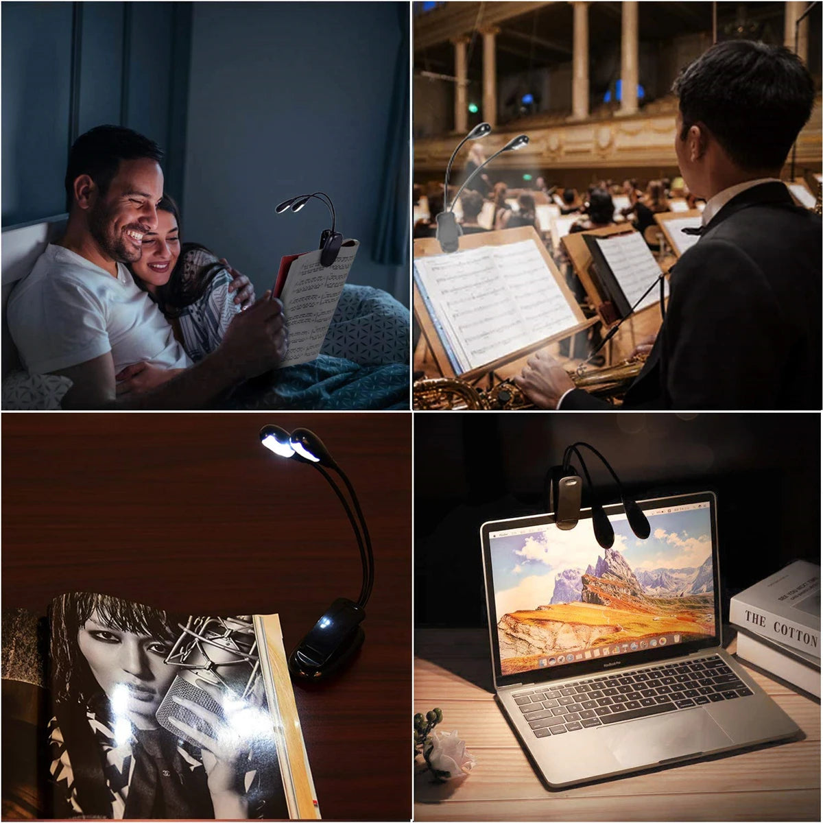 Music Stand Light, Clip on LED Book Lights, USB and AAA Battery Operated, Reading Lamp in Bed, 4 Brightness Levels, Ideal for Bo