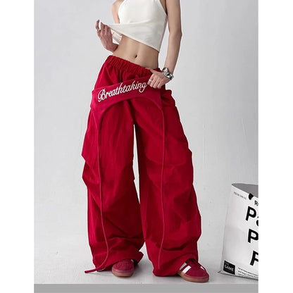 Korean Y2K Cargo Pants Women Streetwear Letter Print Baggy Sweatpants Gyaru Harajuku Wide Leg Joggers Summer Casual Trousers
