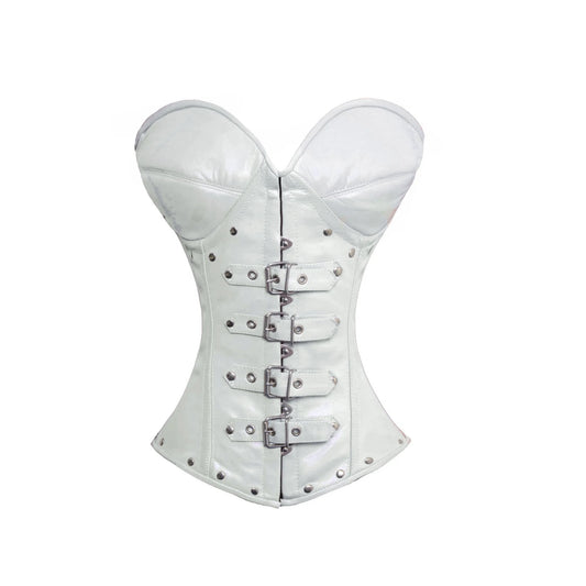 COSH CORSET White Leather Overbust Top Steelboned Front Adjustable Buckles Firm Triple Layers Gothic Vintage Fetish Lace Ruffles