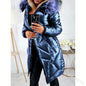 Glossy PU Big Fur Collar Slim Mid-length Long-sleeved Zipper Fashion Warm Cotton Jacket Women