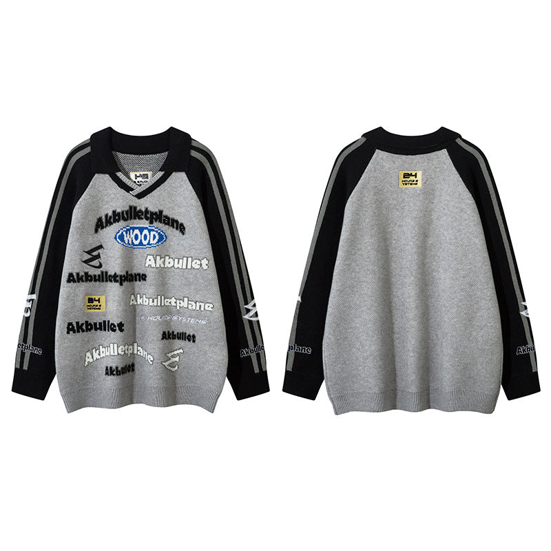 American Street Fashion Lapel Locomotive Style Letter Jacquard Men's And Women's Sweaters