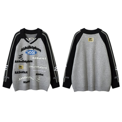 American Street Fashion Lapel Locomotive Style Letter Jacquard Men's And Women's Sweaters