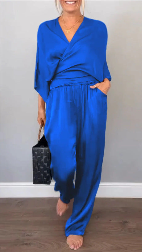 Solid Color Satin Short-sleeved Top Pants Suit Women