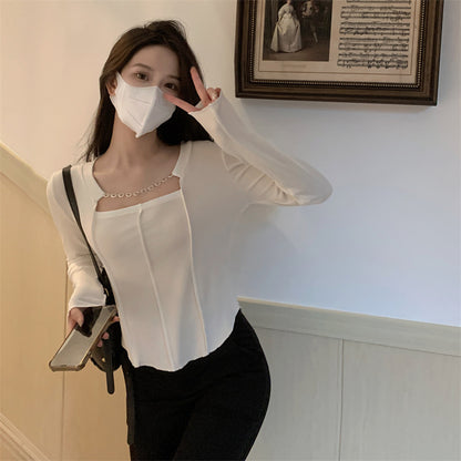 Long Sleeve Plus Size T-shirt Women Chain Slim Top