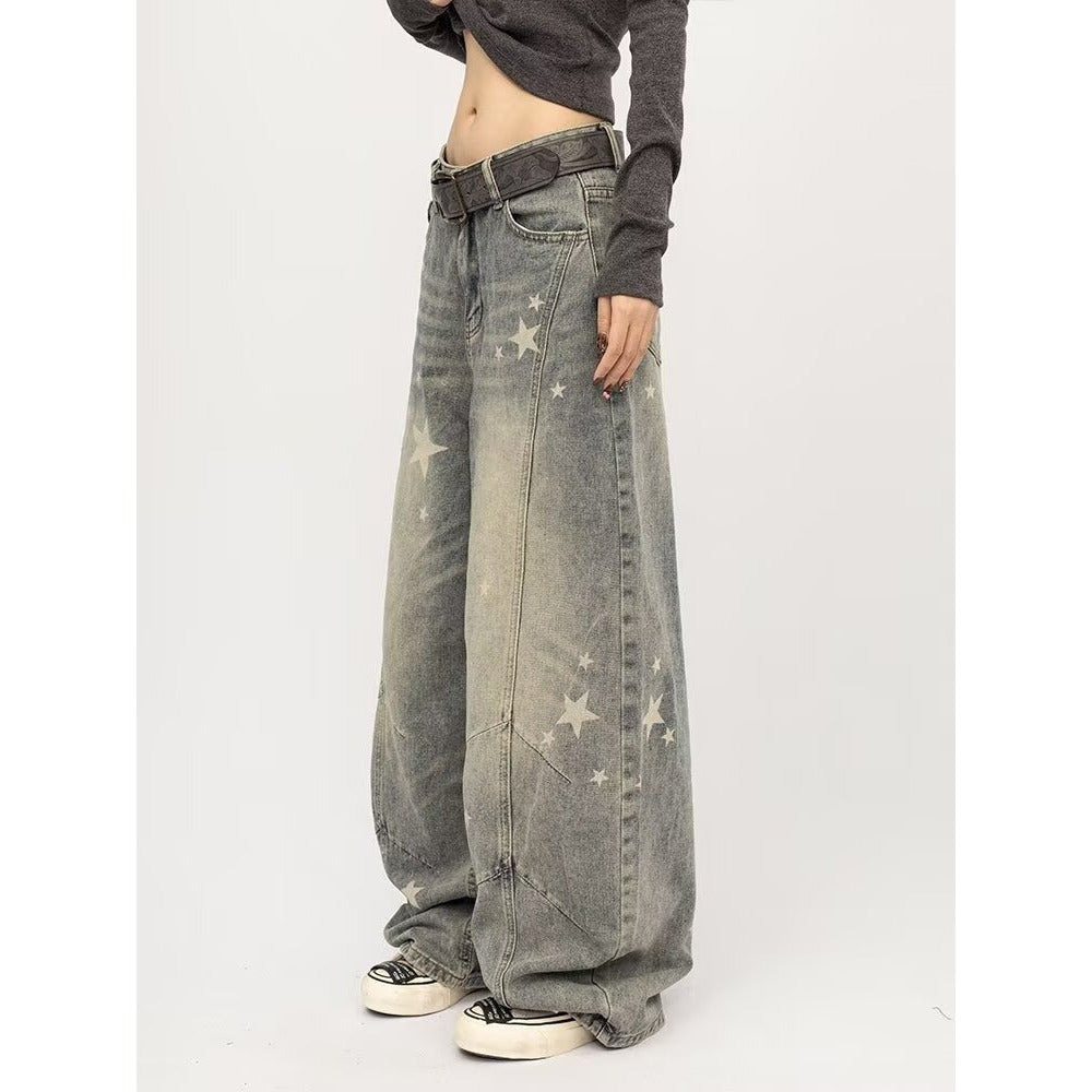 Vintage Washed Distressed Gray Splatter Curved Knife Jeans For Men