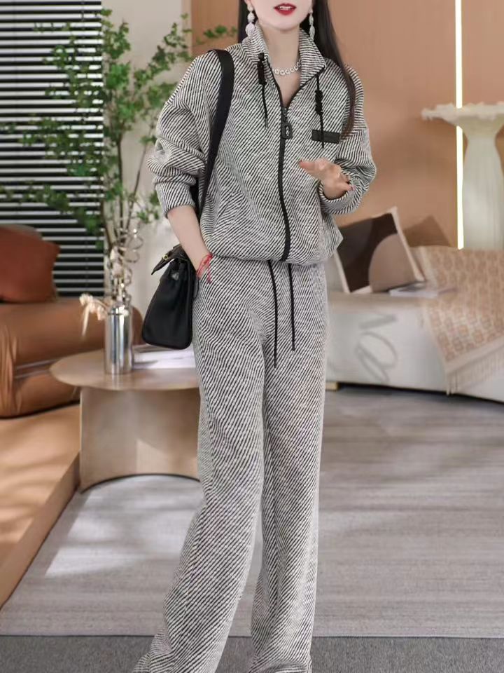 Fashion Casual Sportswear Sweater Wide Leg Pants Two-piece Suit For Women