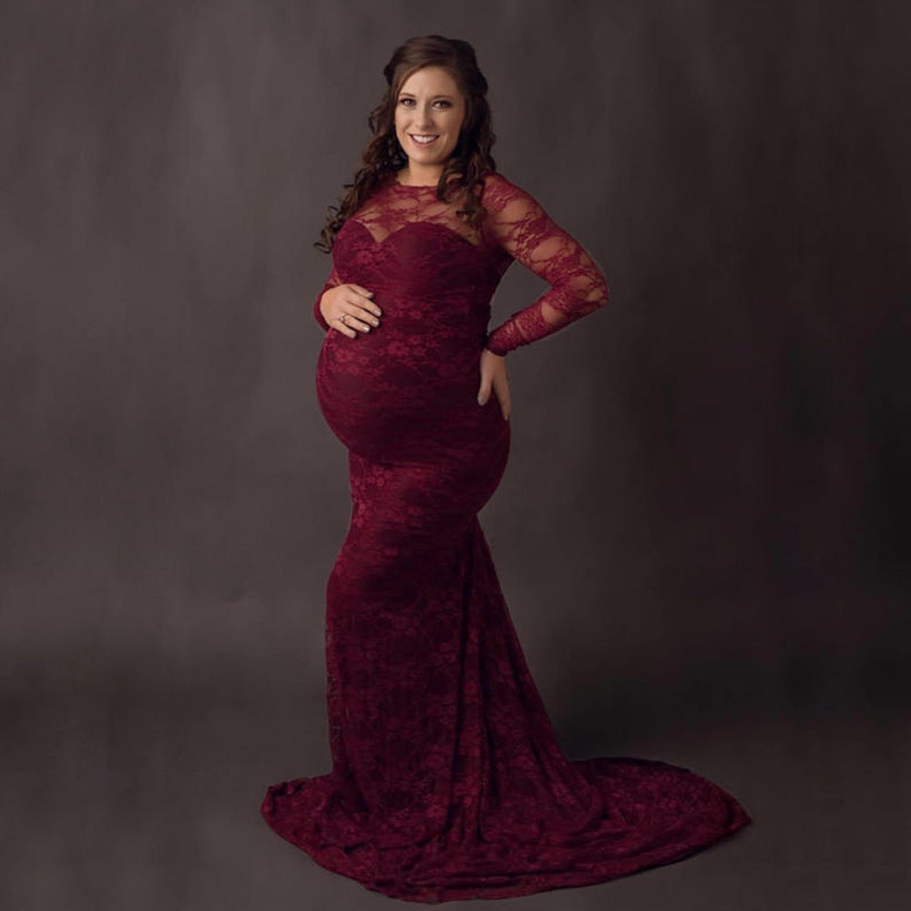 Women's Lace Maternity Round Neck Collar Trailing Long Dress