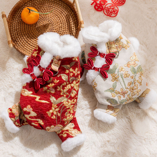 Lunar New Year Brocade Pet Jumpsuit With Faux Fur Trim, Traditional Chinese Knot Dog Onesie For Festive Celebrations