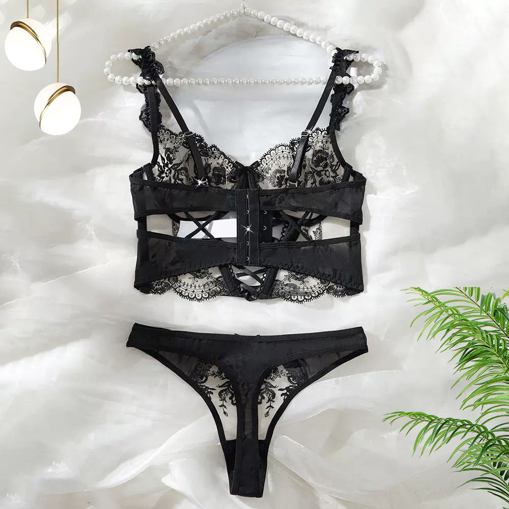 Mesh Exquisite Embroidered Flowers Cross Strap Underwear Suit Women