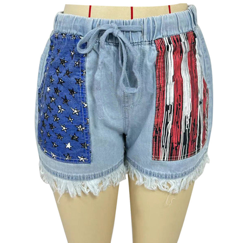 High-waisted Drawstring Fringe Denim Shorts For Women