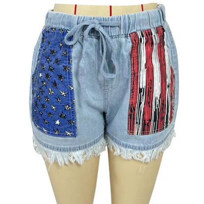 High-waisted Drawstring Fringe Denim Shorts For Women