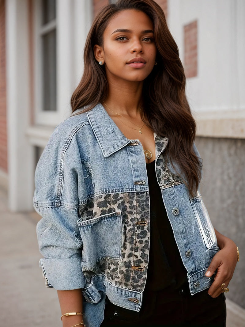 Wear And Tear Denim Jacket, Women’s Leopard Patch Short Jacket, Fashionable Street Outdoor Style, Women’s Leopard Print Denim Jacket, Cool And Casual