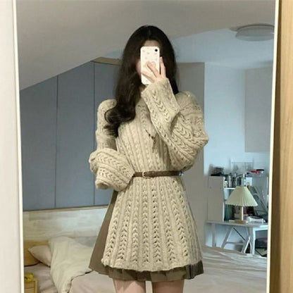 Hollow Out Sweater Pleated Skirt Suit