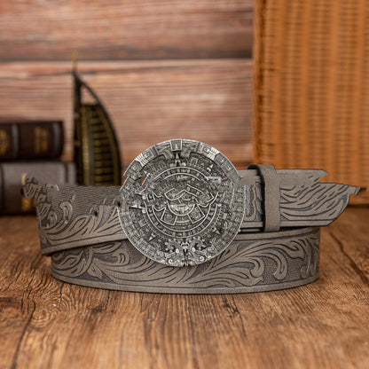 Aztec Sun Calendar Stone Buckle Retro PU Leather Belt