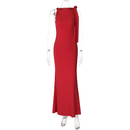 One-shoulder Ribbon Long Dress Ins Fashion Slim Sleeveless Dresses For Evening Party Club Clothing Women