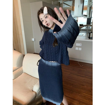 Cable-knit Sweater Split Skirt Suit