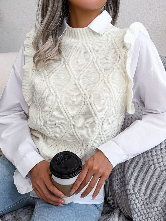 Women Ruffled Diamond Knit Sweater Vest