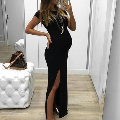 Retro Literary Women's Round Neck Short Sleeved Slit Maternity Comfortable Dress