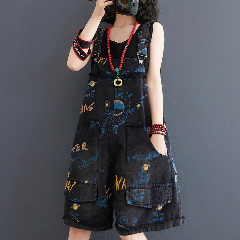 Retro Fashion Print Loose Denim Strap Shorts For Women