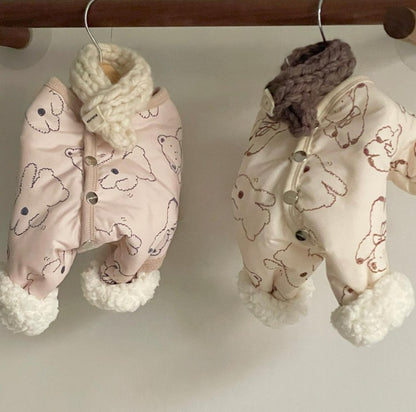 Cute Bear Print Pet Winter Jumpsuit With Knitted Scarf, Padded Dog Onesie With Fleece Cuffs For Cold Weather
