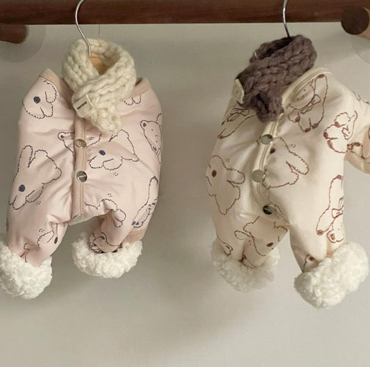 Cute Bear Print Pet Winter Jumpsuit With Knitted Scarf, Padded Dog Onesie With Fleece Cuffs For Cold Weather