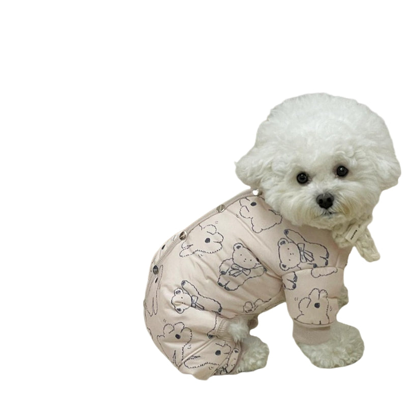 Cute Bear Print Pet Winter Jumpsuit With Knitted Scarf, Padded Dog Onesie With Fleece Cuffs For Cold Weather