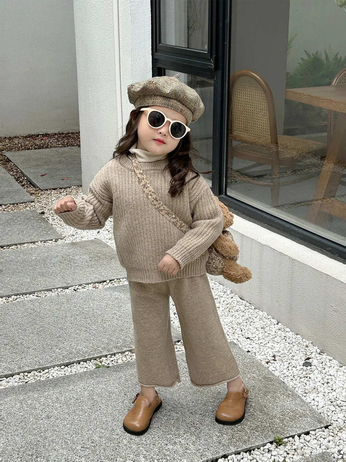 Girls Sweater Suit Sweater Knitted Wide-leg Pants