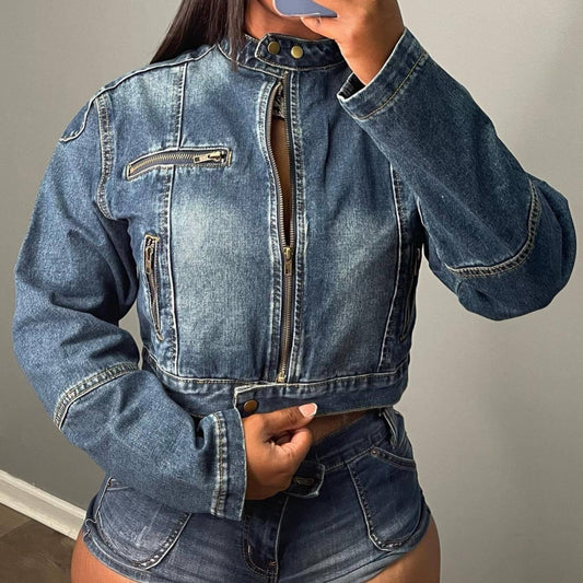 Casual Stretch Denim Coat Shorts Two-piece Set
