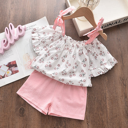 Floral Two-piece Suit Girls Toddler Suspender Suit Pants