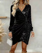 Fashionable V-neck Sequin Velvet Bodycon Dress
