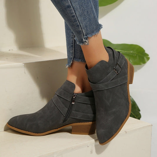 Fashionable Chunky-Heel Leather Belt-Clasp Side-Zip Ankle Boots