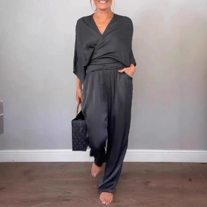 Solid Color Satin Short-sleeved Top Pants Suit Women