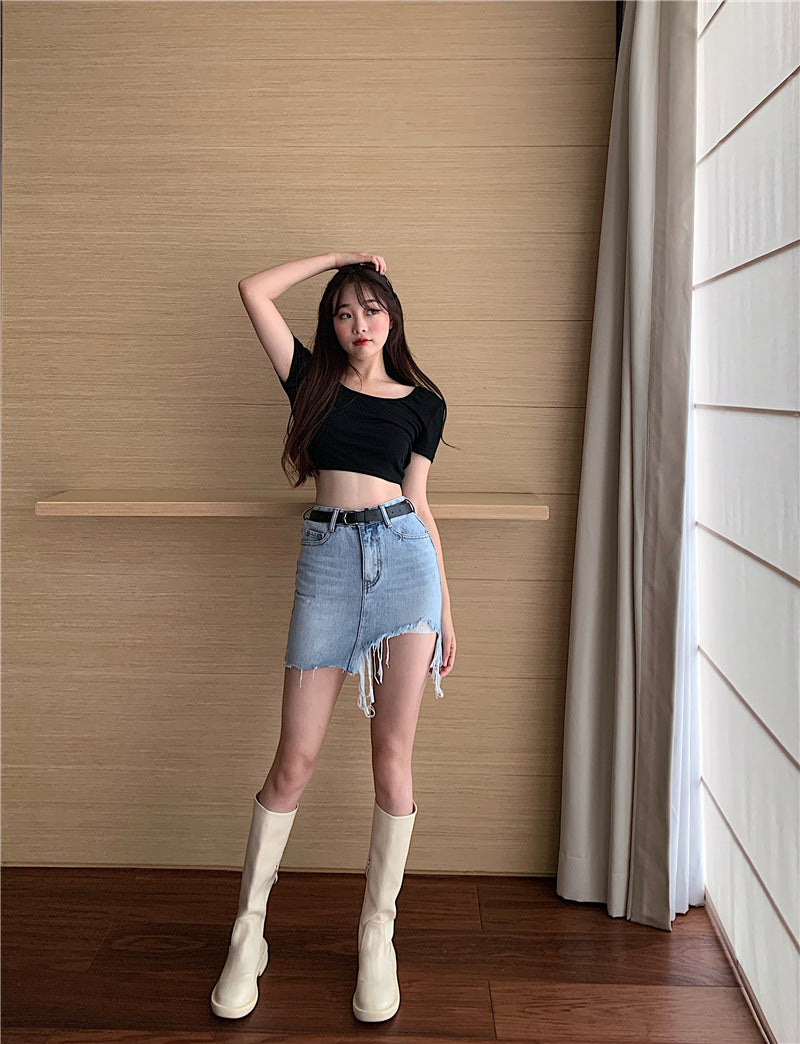 Denim Skirt Women Retro Irregular High Waist