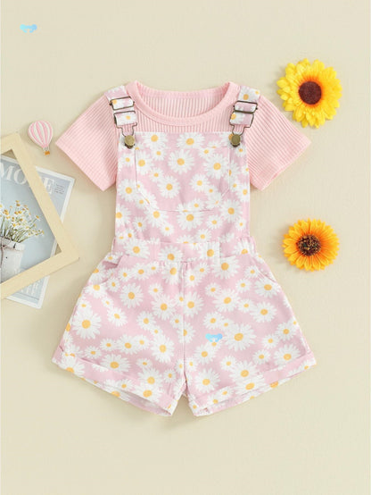 Toddler Girl Shorts Outfit Solid Color Ribbed Short Sleeve