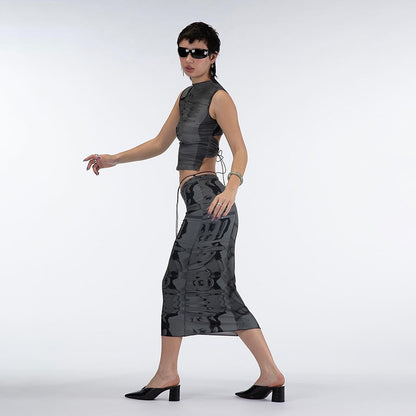 Women's Sleeveless Crew Neck Cutout Tank Top Mid Skirts