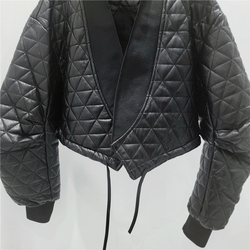 Short Quilted Leather Motorcycle Jacket Women