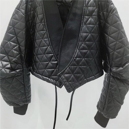 Short Quilted Leather Motorcycle Jacket Women