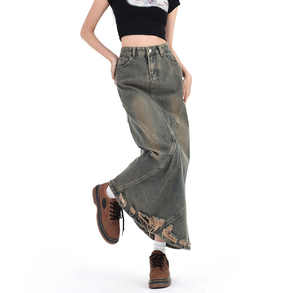 American Retro Make Old Ripped Denim Package Hip Skirt Women
