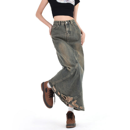 American Retro Make Old Ripped Denim Package Hip Skirt Women